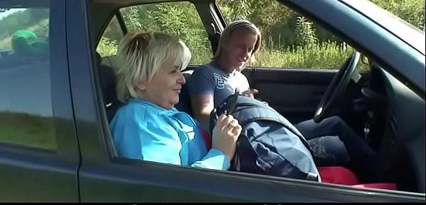  Hitchhiking blonde granny rides his young cock